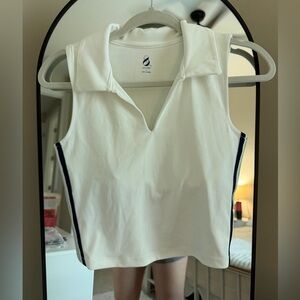 Sleeveless White Polo Crop Top with Navy Side Trim